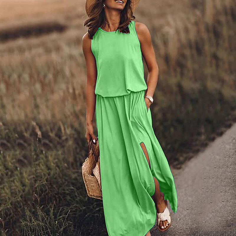 Women's Maxi Dress Summer Sleeveless Crewneck Sundress Casual Loose Long Dresses With Pockets - My Store