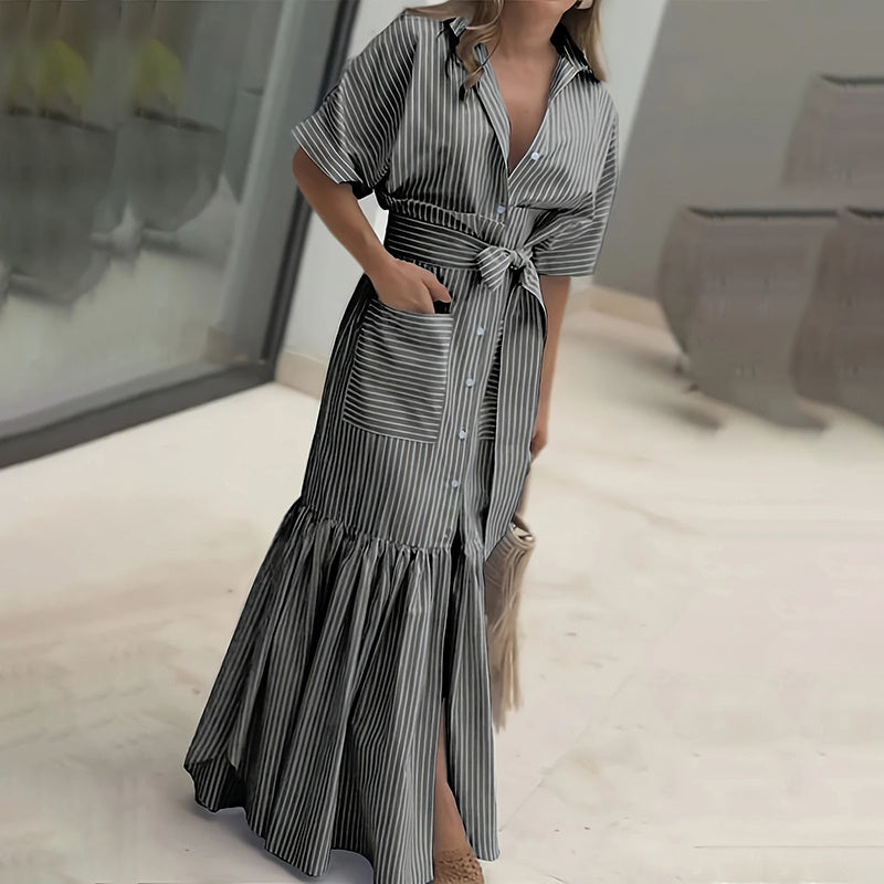 Women's Summer Casual Striped Button Down Maxi Dress Tie Waist Short Sleeve Shirt Dress With Pockets - My Store