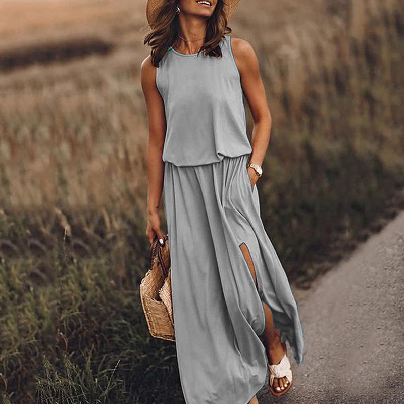 Women's Maxi Dress Summer Sleeveless Crewneck Sundress Casual Loose Long Dresses With Pockets - My Store