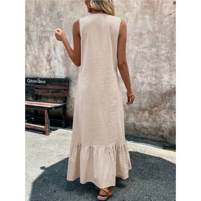 Women's Elegant Casual Summer Dress - V-Neck Sleeveless Ruffled Vacation Long Dress With Pleated Hem - My Store