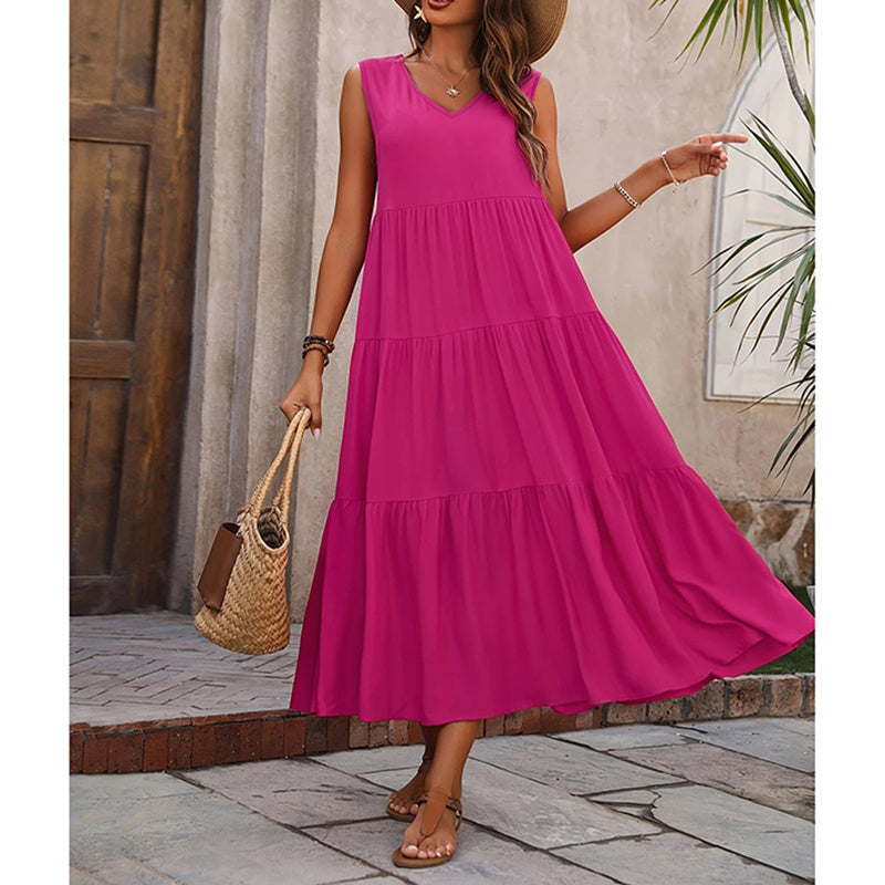 Women's Summer Casual Sleeveless V Neck Swing Dress Flowy Tiered Maxi Beach Dress - My Store