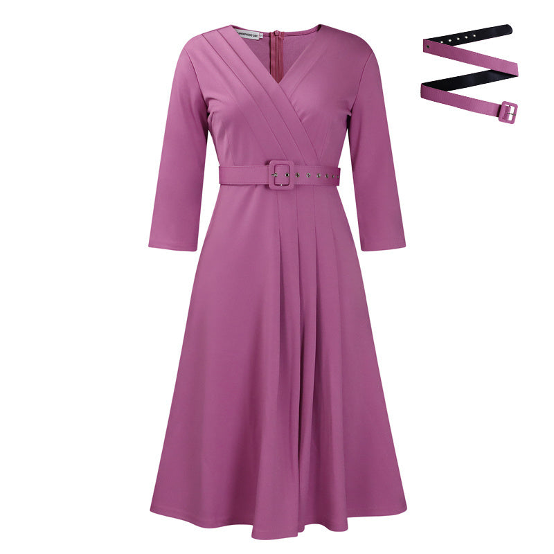 Women's Elegant V-Neck Cross-Wrap A-Line Dress With Belt & Ruffled Hem - Office & Casual Solid Dress For Spring&Summer - My Store
