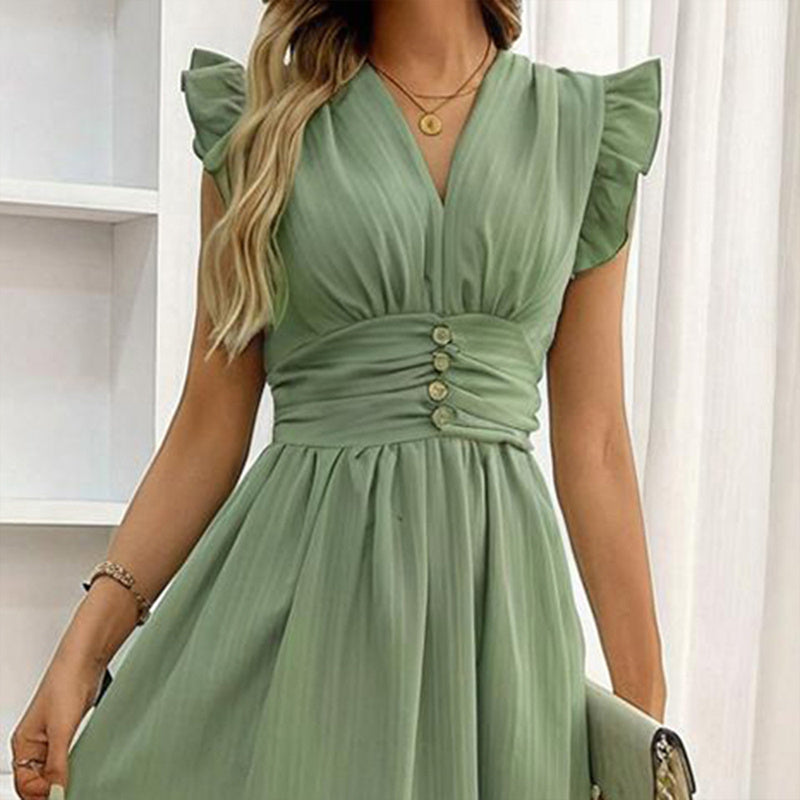 Women's Solid Color Sleeveless V-Neck Dress - High Waist Ruffled Hem Boho Flowy Summer Dress With Shoulder Frills, Casual & Party Dress - My Store