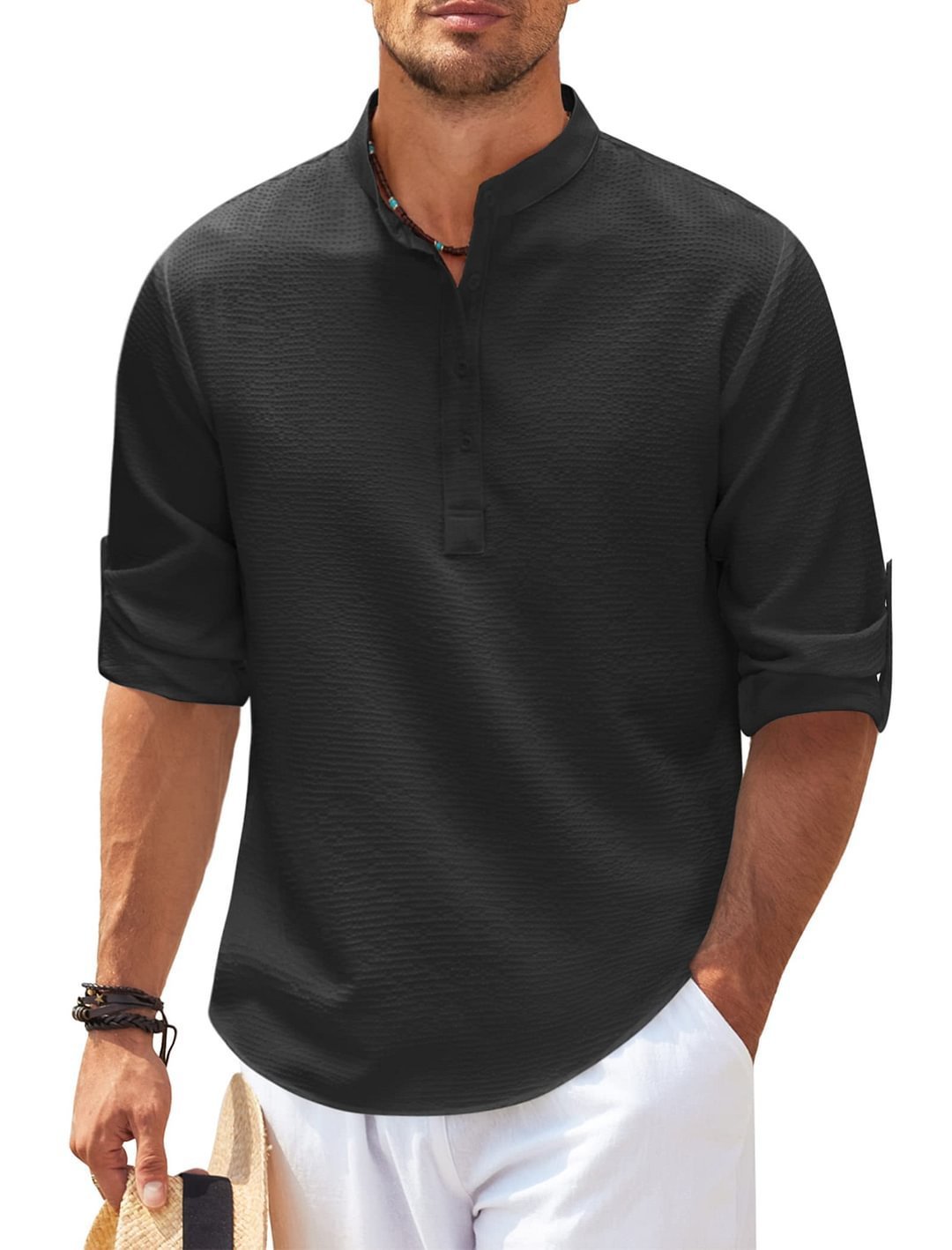 Men's Casual Shirt Long Sleeve Stand Collar Solid Color Shirt Mens Clothing - My Store