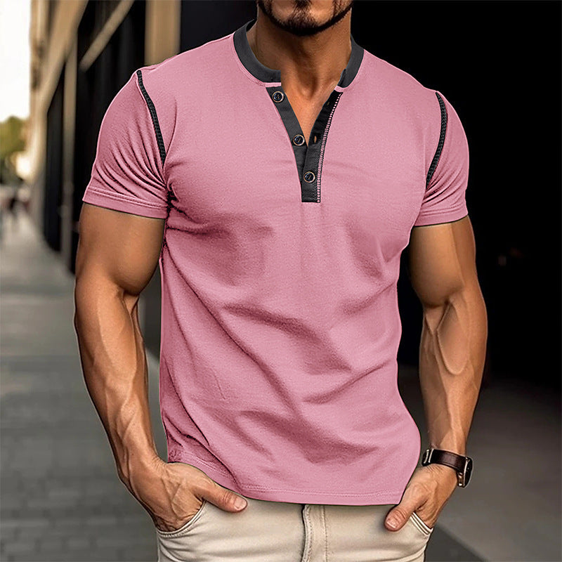 Fashion Short-sleeved Polo Shirt Summer Button V-neck T-shirt Tops Mens Clothing - My Store