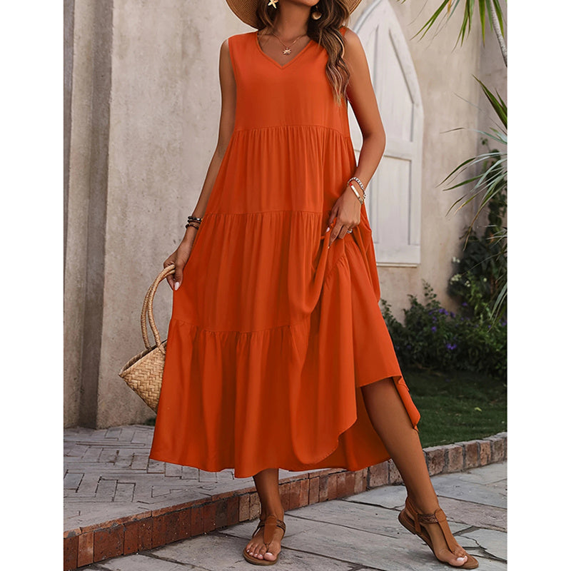 Women's Summer Casual Sleeveless V Neck Swing Dress Flowy Tiered Maxi Beach Dress - My Store