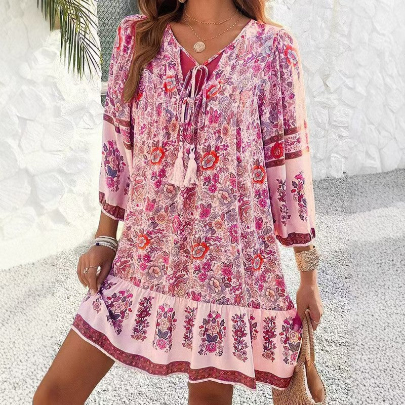 Women's Elegant V-Neck Fringe Bow Floral Print Dress Long Sleeve Comfortable Spring&Summer Dress - My Store