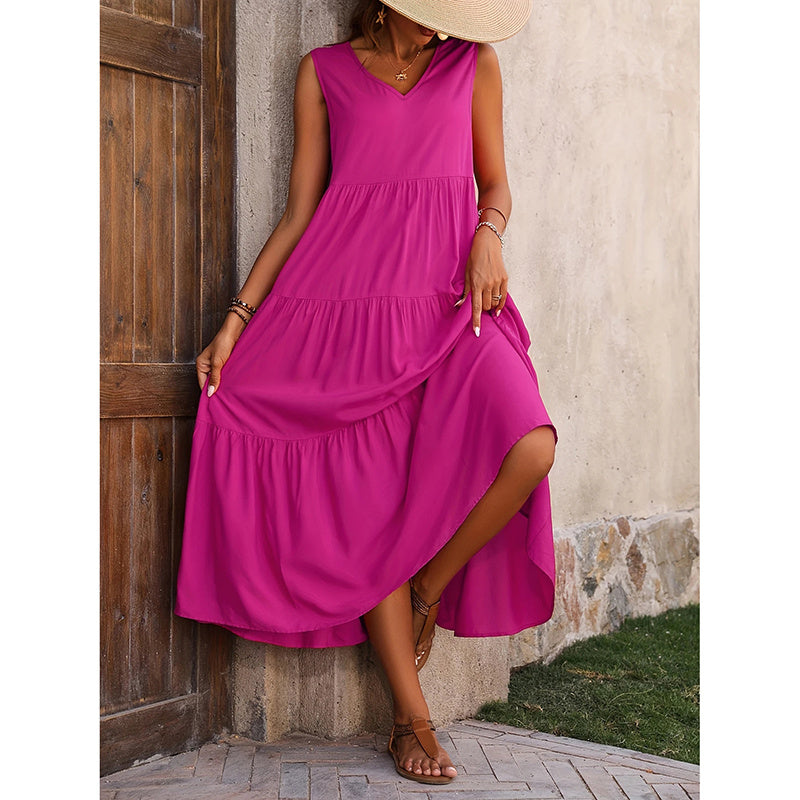 Women's Summer Casual Sleeveless V Neck Swing Dress Flowy Tiered Maxi Beach Dress - My Store