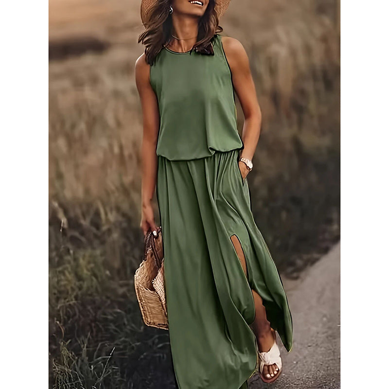 Women's Maxi Dress Summer Sleeveless Crewneck Sundress Casual Loose Long Dresses With Pockets - My Store