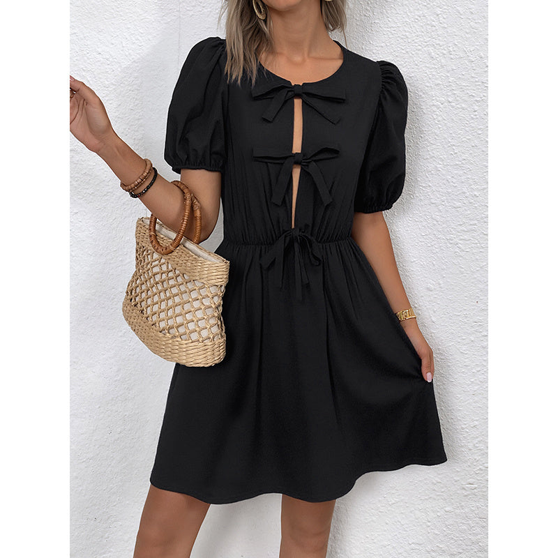 Women's Striped Tie Front Puff Sleeve Summer Casual Mini Dresses Loose Flowy Sundress - My Store