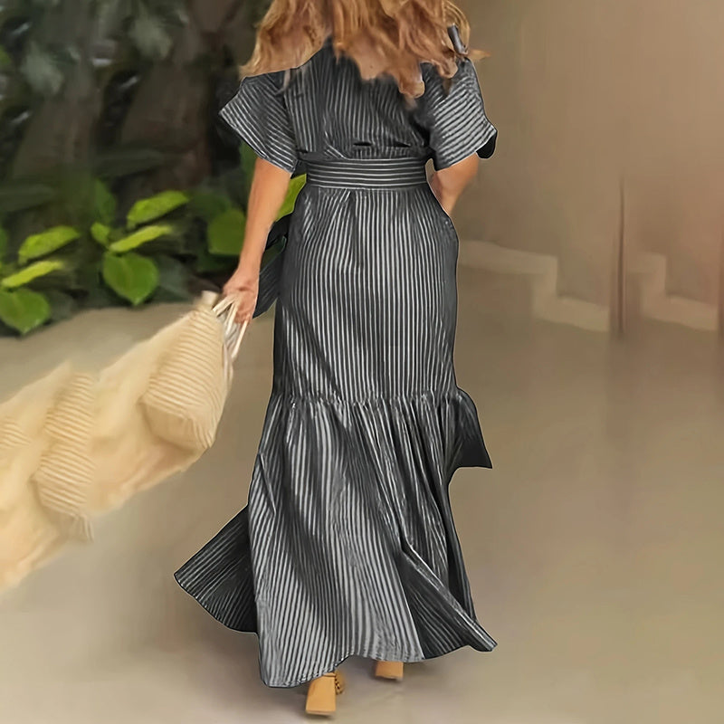 Women's Summer Casual Striped Button Down Maxi Dress Tie Waist Short Sleeve Shirt Dress With Pockets - My Store