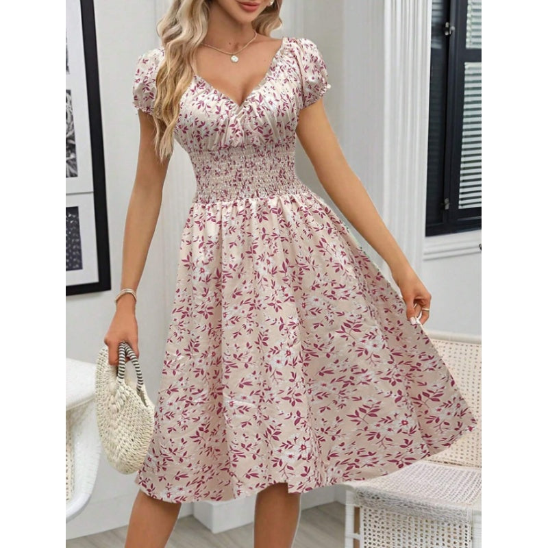 Women's Floral Summer Dress Casual Short Sleeve Ruffle Flowy Midi Sundress Boho Beach Vacation Dress - My Store