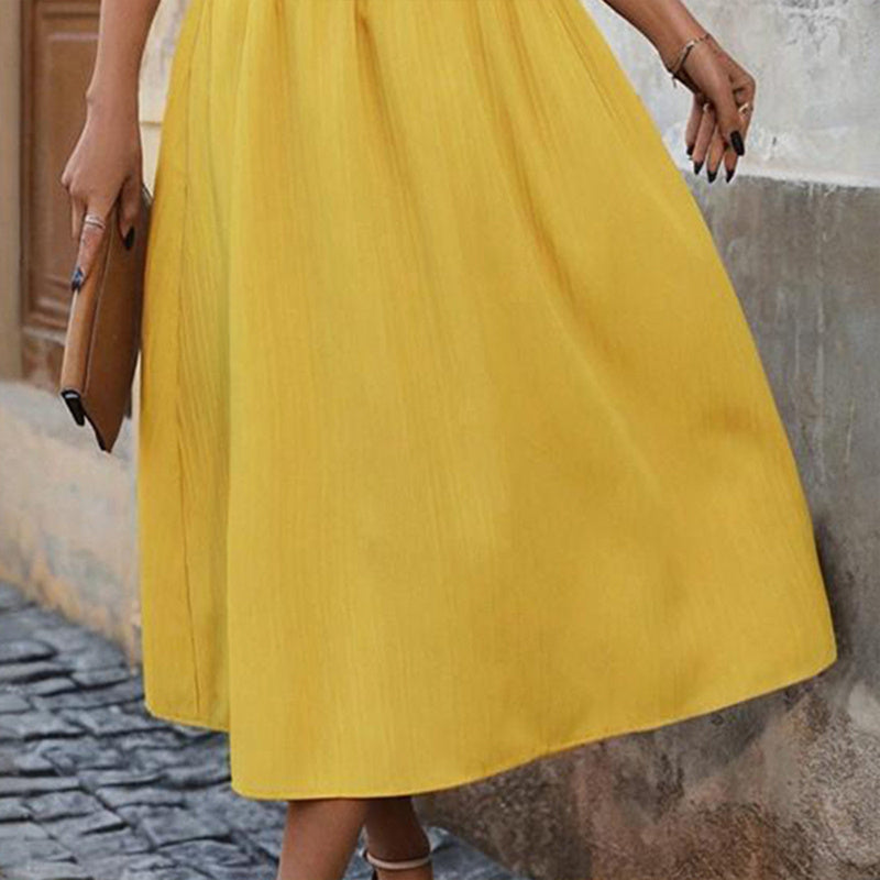 Women's Solid Color Sleeveless V-Neck Dress - High Waist Ruffled Hem Boho Flowy Summer Dress With Shoulder Frills, Casual & Party Dress - My Store