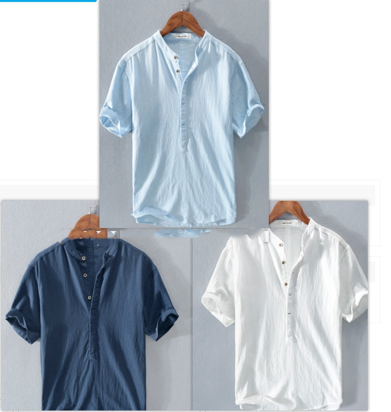 Men's Stand Collar Japanese Ice Silk Linen Short Sleeve T-shirt - My Store