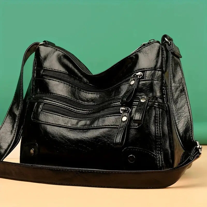 Women Shoulder Bag Large Capacity Washed Leather Messenger Bags Multi Zipper - My Store