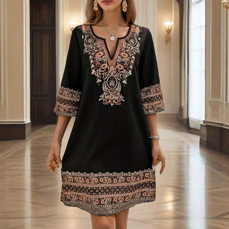 Women's V-Neck Middle Eastern Style Floral Print Midi Dress - Elegant Sleeve Design Lightweight Perfect For Spring&Summer Vacation & Daily Wear - My Store