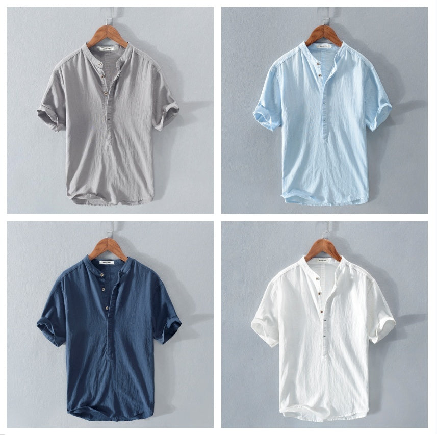 Men's Stand Collar Japanese Ice Silk Linen Short Sleeve T-shirt - My Store
