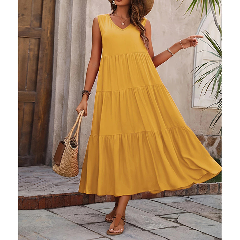 Women's Summer Casual Sleeveless V Neck Swing Dress Flowy Tiered Maxi Beach Dress - My Store