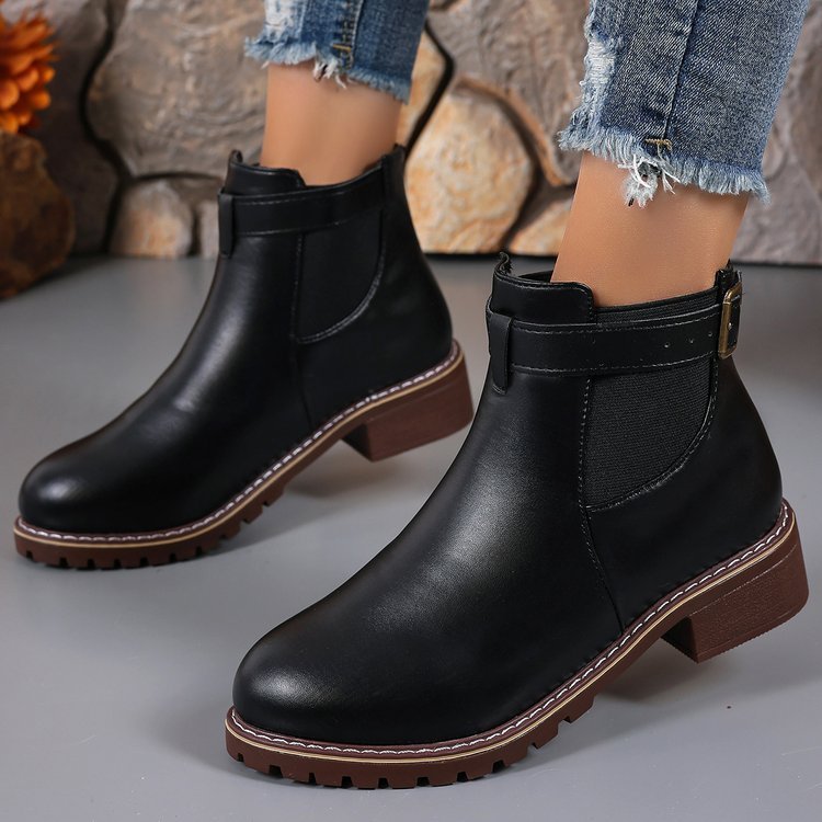 Belt Buckle Decoration Round Head Ankle Boots - My Store