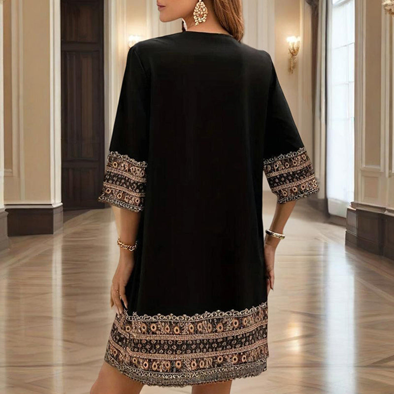 Women's V-Neck Middle Eastern Style Floral Print Midi Dress - Elegant Sleeve Design Lightweight Perfect For Spring&Summer Vacation & Daily Wear - My Store