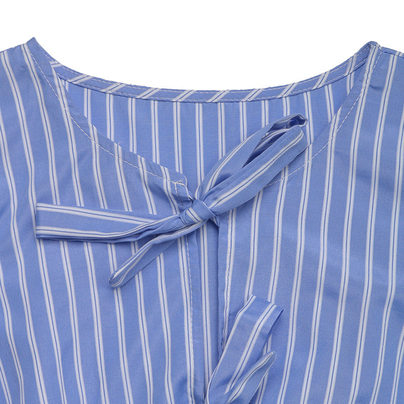 Women's Striped Tie Front Puff Sleeve Summer Casual Mini Dresses Loose Flowy Sundress - My Store