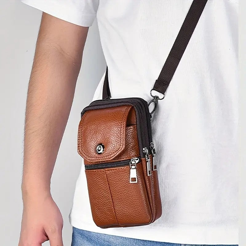 Leather Mobile Phone Shoulder Covers, Men's Belt Bags, Vertical Holster Belt Clip Pockets, Carrying Cases With Card Slots - My Store
