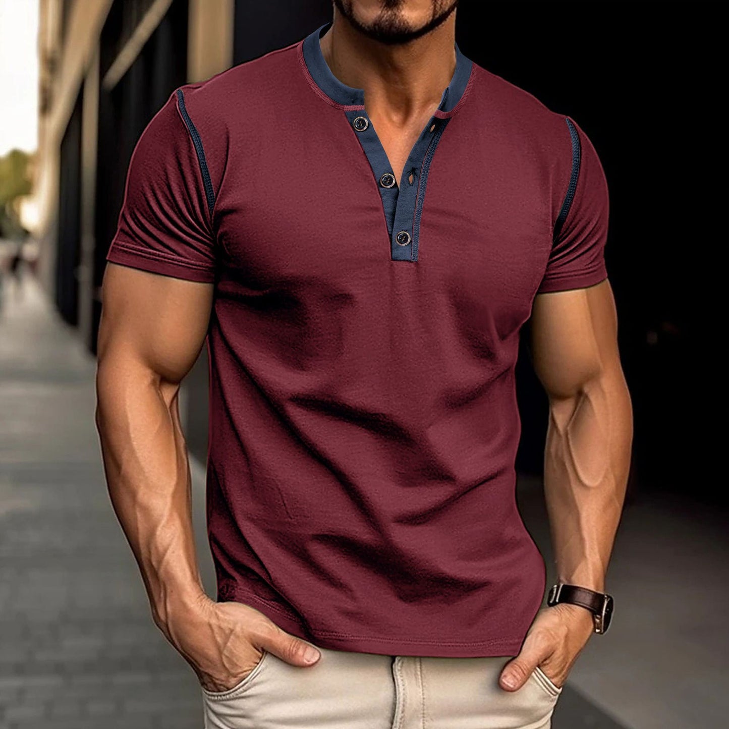Fashion Short-sleeved Polo Shirt Summer Button V-neck T-shirt Tops Mens Clothing - My Store