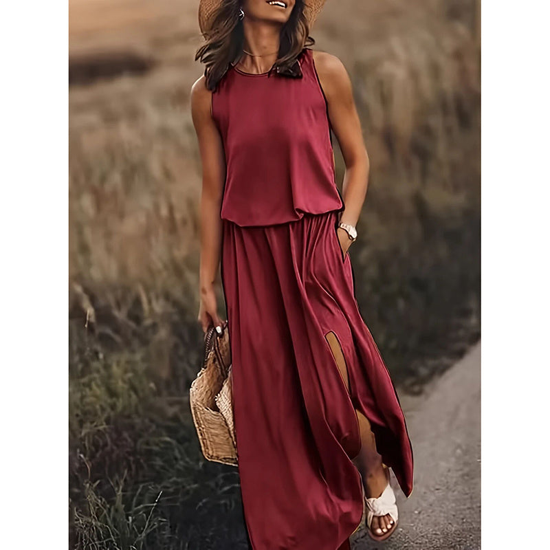 Women's Maxi Dress Summer Sleeveless Crewneck Sundress Casual Loose Long Dresses With Pockets - My Store