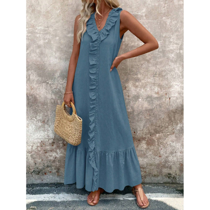 Women's Elegant Casual Summer Dress - V-Neck Sleeveless Ruffled Vacation Long Dress With Pleated Hem - My Store