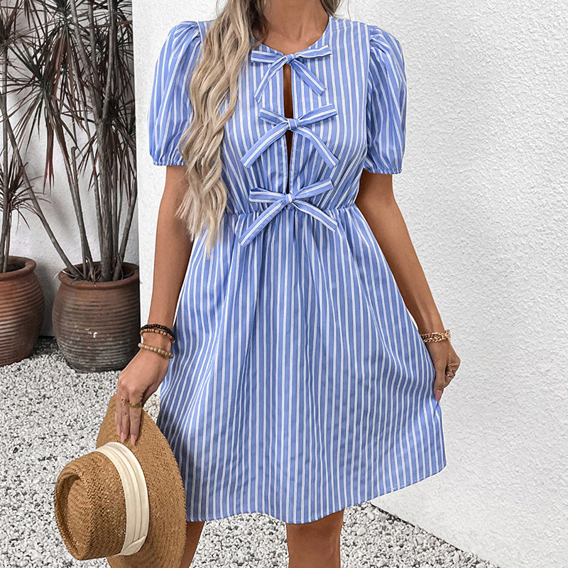 Women's Striped Tie Front Puff Sleeve Summer Casual Mini Dresses Loose Flowy Sundress - My Store