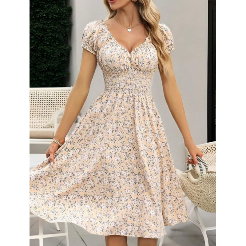 Women's Floral Summer Dress Casual Short Sleeve Ruffle Flowy Midi Sundress Boho Beach Vacation Dress - My Store