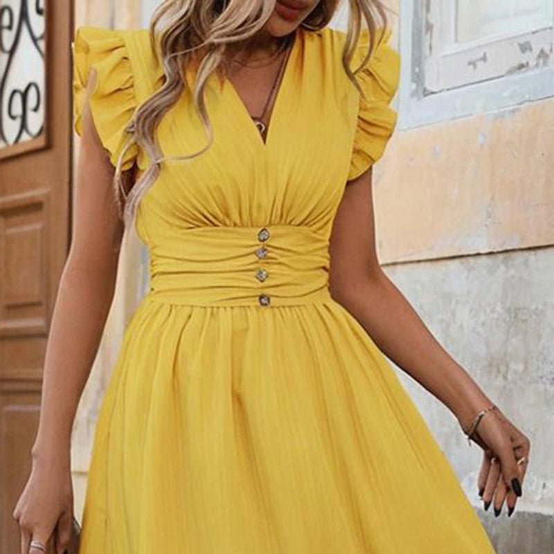 Women's Solid Color Sleeveless V-Neck Dress - High Waist Ruffled Hem Boho Flowy Summer Dress With Shoulder Frills, Casual & Party Dress - My Store