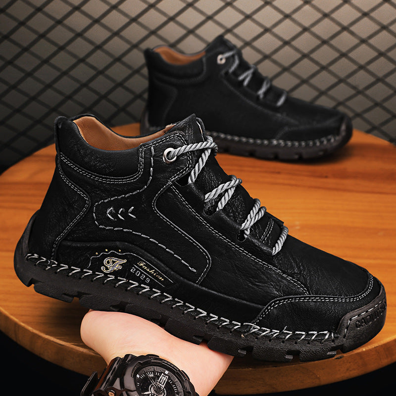 Fleece-lined Warm Mid-top Cotton-padded Shoes Soft Bottom Stitching Non-slip Men's Outdoor Leisure Shoes - My Store