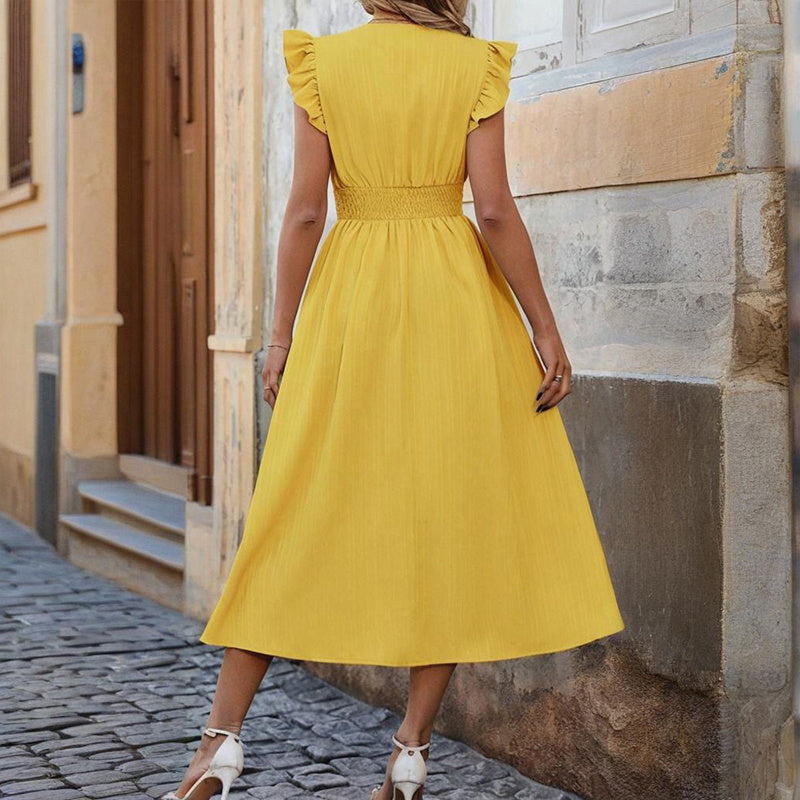 Women's Solid Color Sleeveless V-Neck Dress - High Waist Ruffled Hem Boho Flowy Summer Dress With Shoulder Frills, Casual & Party Dress - My Store