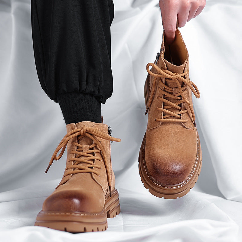 High-top Leather Shoes Leather Zipper Short Boots - My Store