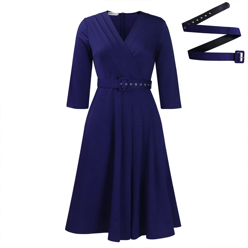 Women's Elegant V-Neck Cross-Wrap A-Line Dress With Belt & Ruffled Hem - Office & Casual Solid Dress For Spring&Summer - My Store