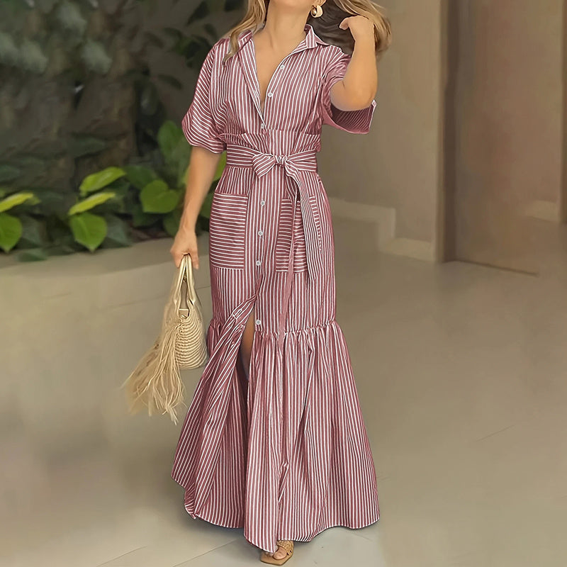 Women's Summer Casual Striped Button Down Maxi Dress Tie Waist Short Sleeve Shirt Dress With Pockets - My Store