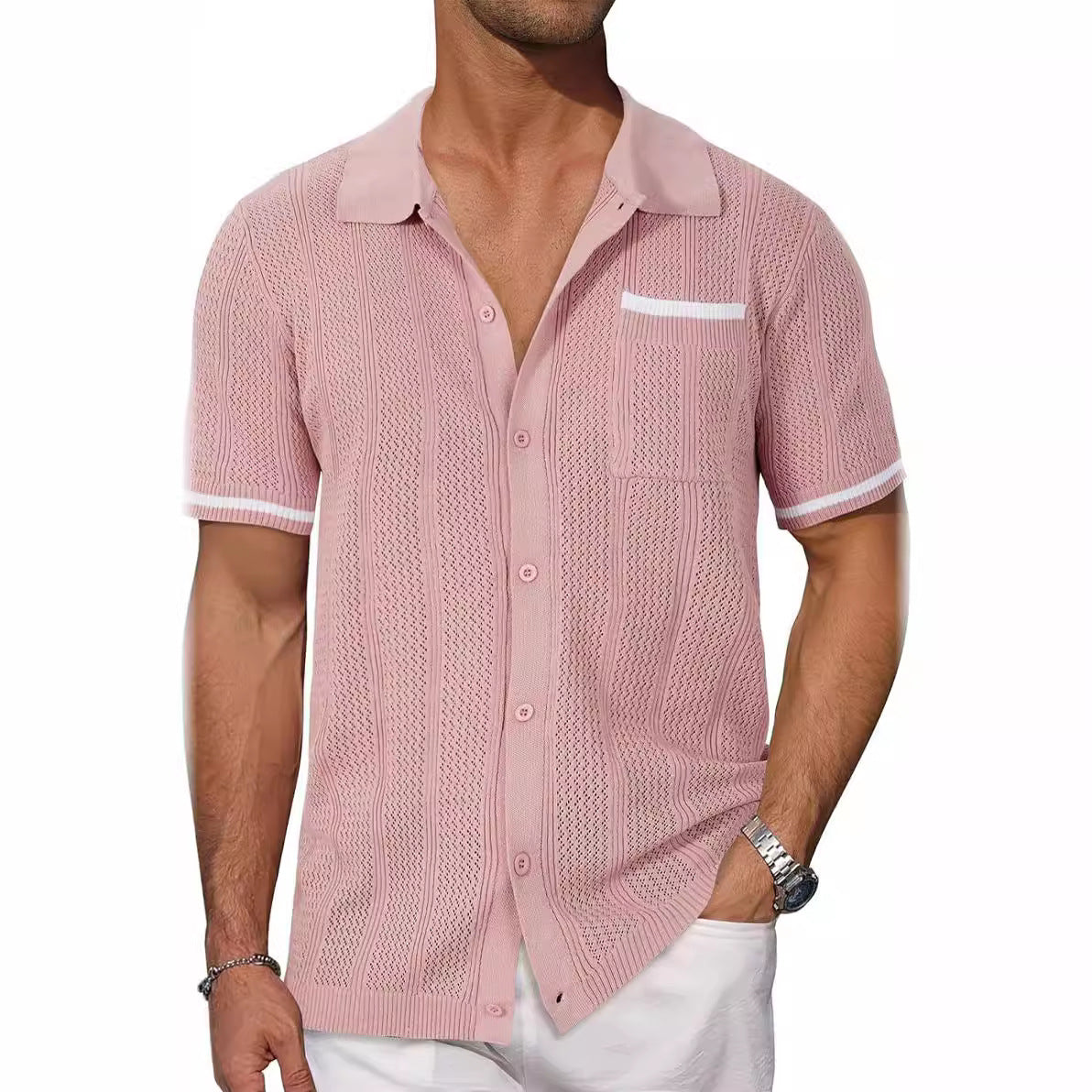 Short-sleeved Shirt Pocket Hollow Breathable Cool Summer Men's Casual Jacket Cardigan - My Store
