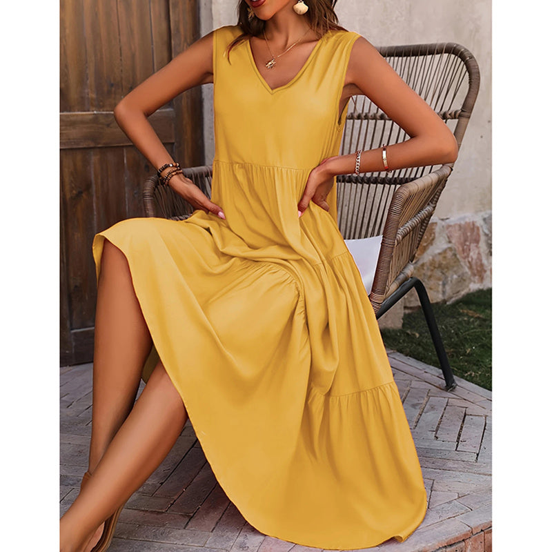 Women's Summer Casual Sleeveless V Neck Swing Dress Flowy Tiered Maxi Beach Dress - My Store