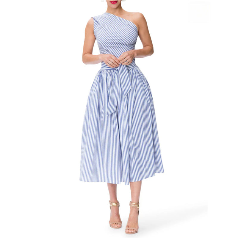 Women's Summer One Shoulder Striped Midi Dress Elegant Tie Waist Bodycon Dresses With Pockets - My Store