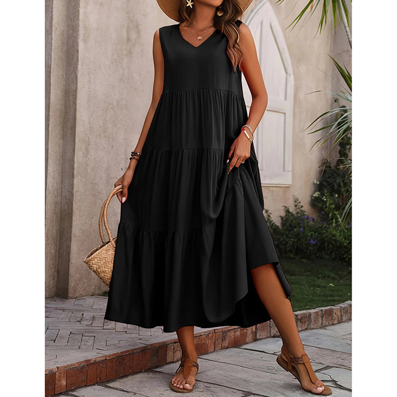 Women's Summer Casual Sleeveless V Neck Swing Dress Flowy Tiered Maxi Beach Dress - My Store