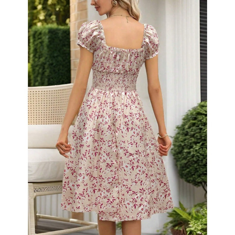 Women's Floral Summer Dress Casual Short Sleeve Ruffle Flowy Midi Sundress Boho Beach Vacation Dress - My Store
