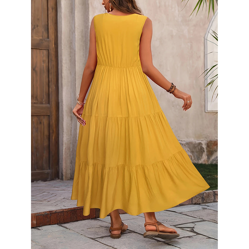 Women's Summer Casual Sleeveless V Neck Swing Dress Flowy Tiered Maxi Beach Dress - My Store