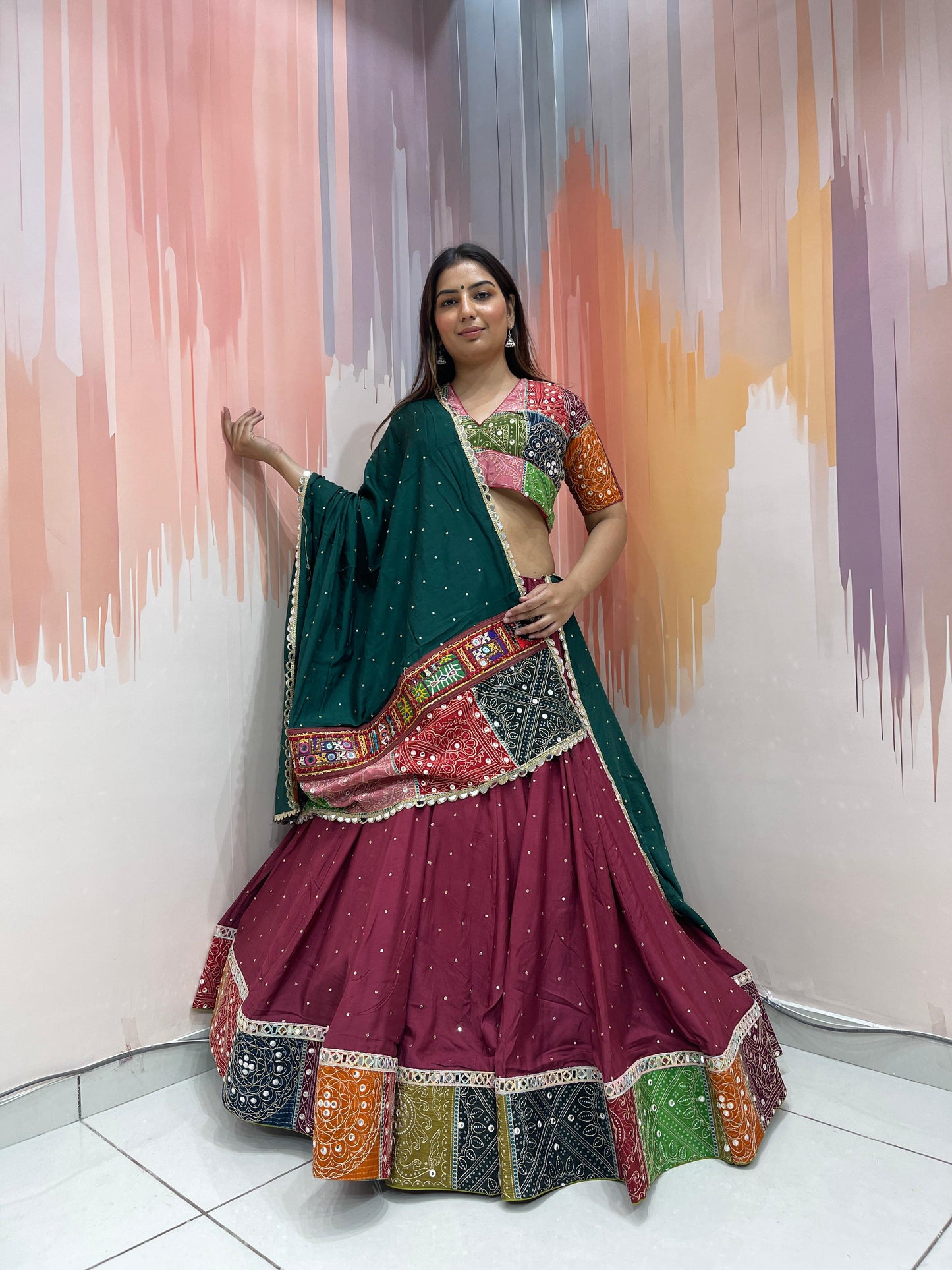 ROHINI - Silk mirror work & multi panel print Chaniya Choli - My Store