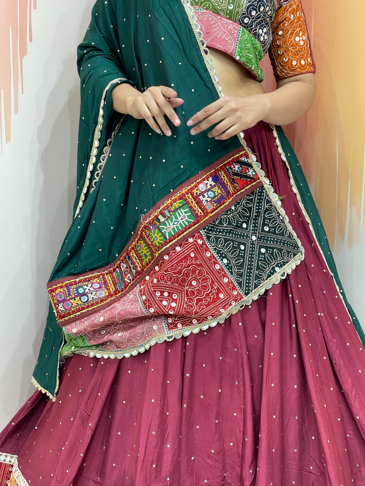 ROHINI - Silk mirror work & multi panel print Chaniya Choli - My Store