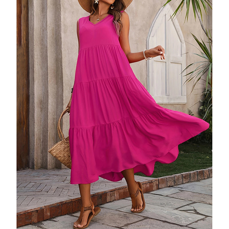 Women's Summer Casual Sleeveless V Neck Swing Dress Flowy Tiered Maxi Beach Dress - My Store