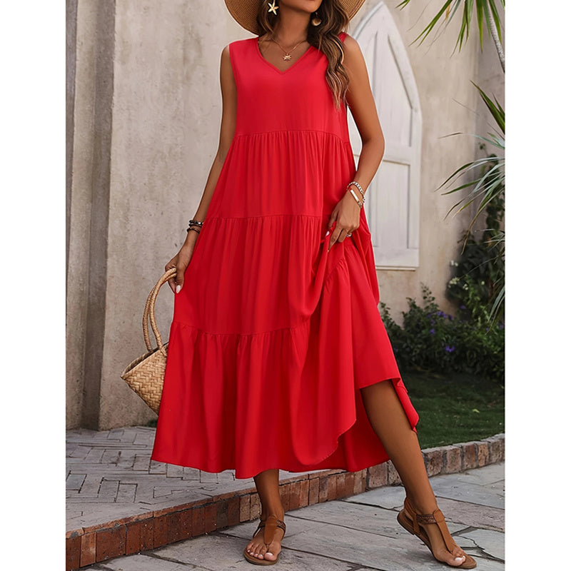 Women's Summer Casual Sleeveless V Neck Swing Dress Flowy Tiered Maxi Beach Dress - My Store
