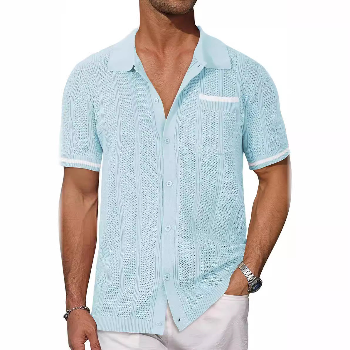 Short-sleeved Shirt Pocket Hollow Breathable Cool Summer Men's Casual Jacket Cardigan - My Store
