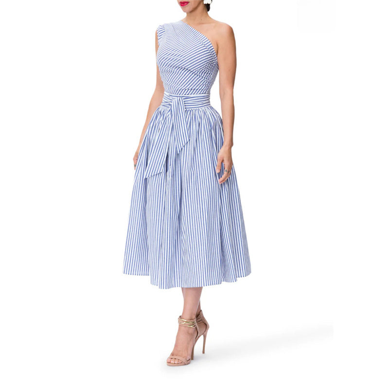Women's Summer One Shoulder Striped Midi Dress Elegant Tie Waist Bodycon Dresses With Pockets - My Store