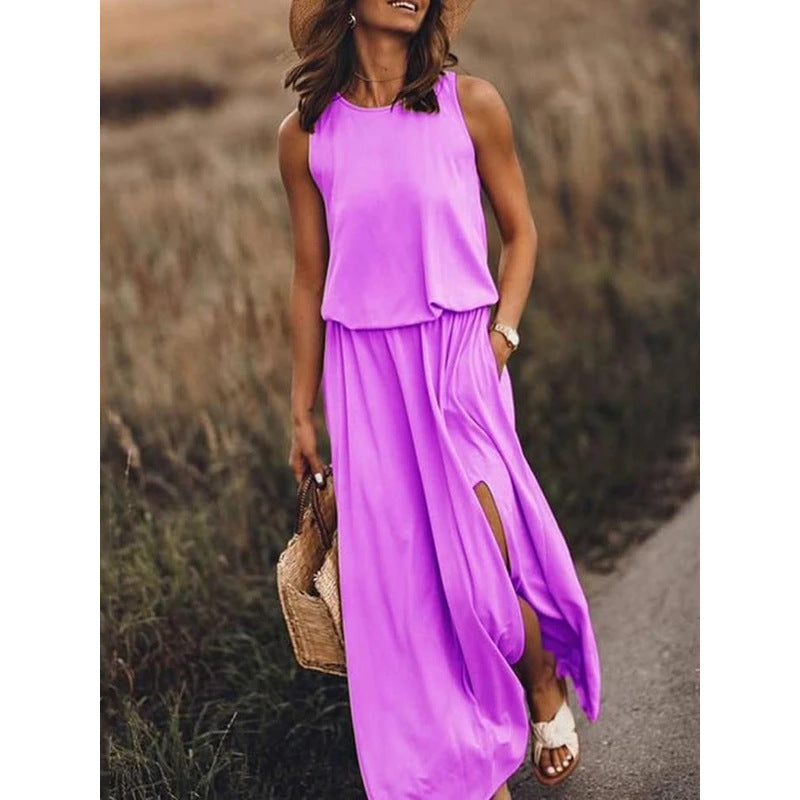 Women's Maxi Dress Summer Sleeveless Crewneck Sundress Casual Loose Long Dresses With Pockets - My Store